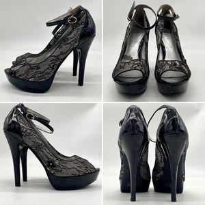 Guess Black And White Lace Platform Stilettos With Ankle Straps Size 7.5